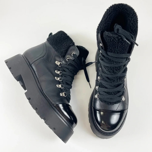 NEW Steve Madden Reyen Boots Womens 9M Black Leather Faux Fur